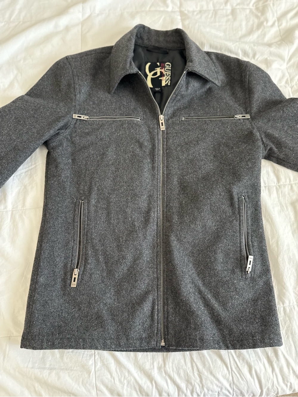Guess Mens Charcoal Grey Wool Blend Moto Jacket Small Full Zip Minimalist